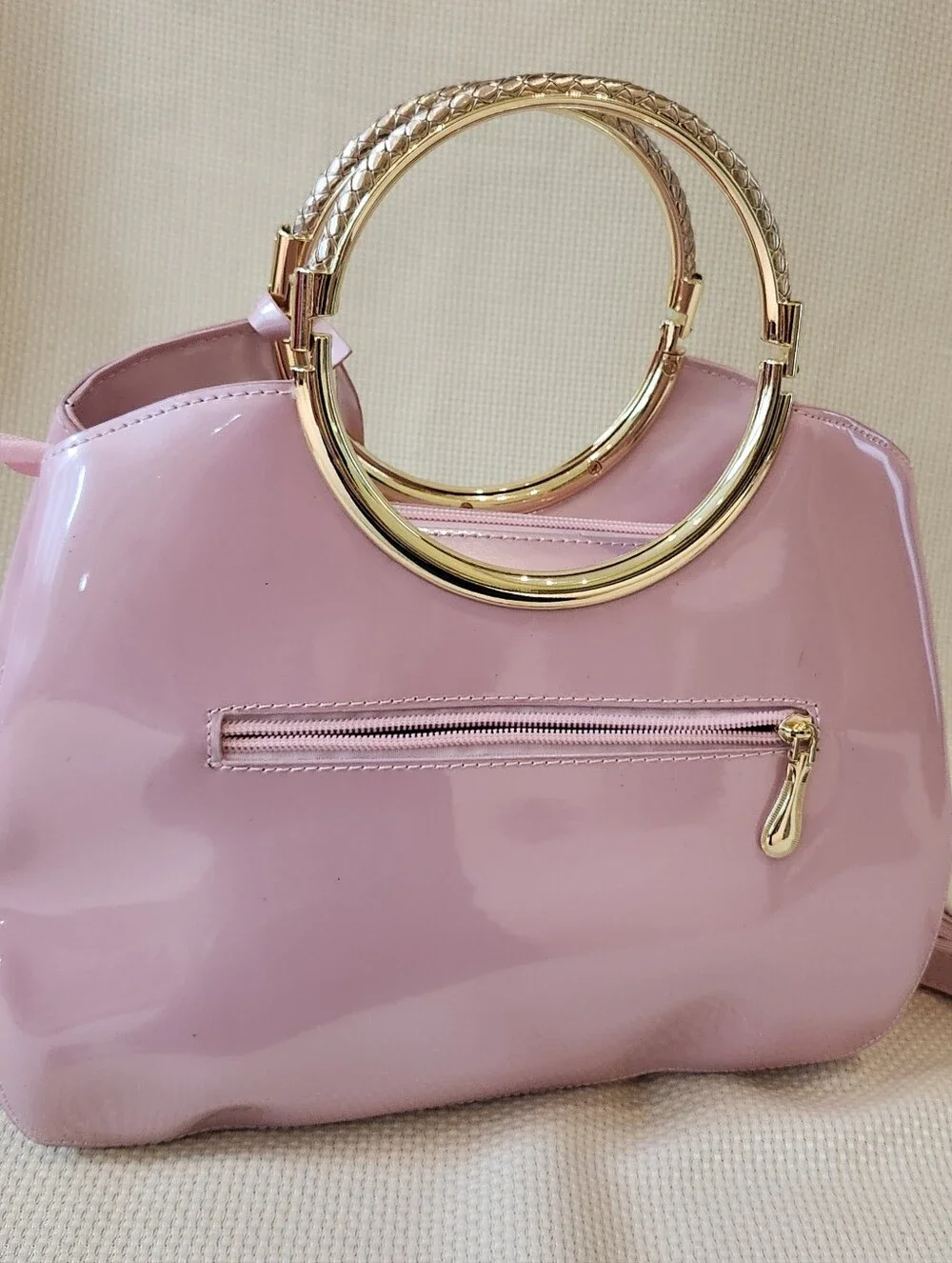 Pink Patent Leather Satchel Gold Ring Top Handle Crossbody Bag Structured Purse - Picture 5 of 16